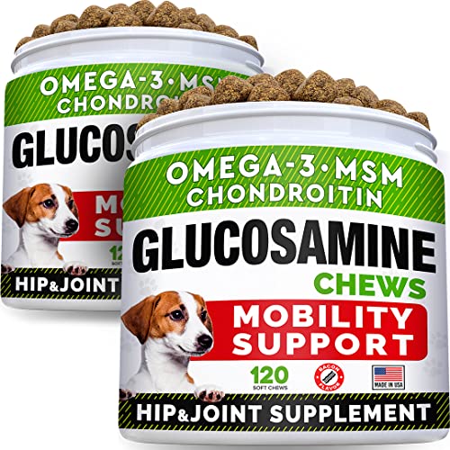 Glucosamine Treats for Dogs - Joint Supplement w/Omega-3 Fish Oil - Chondroitin, MSM - Advanced Mobility Chews - Joint Pain Relief - Hip & Joint Care - Bacon Flavor - 240 Ct - Made in USA