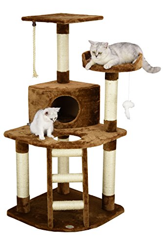 Go Pet Club 48" Corner Cat Tree Kitty Condo Kitten Tower Furniture with Multiple Scratching Posts, Sisal Covered Ladder, Plush Condo Platform, and Hanging Toy for Indoor Cats, Brown