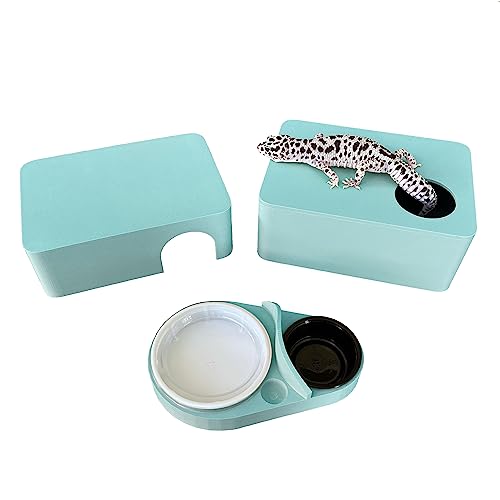 Gondola Geckos Reptile Hideout 3in1 Hide Box Humid Hide Food Dish for Leopard Gecko, Lizard, Corn Snake, hognose Snake Provides shelter and Humidity for Laying Eggs and Shedding (Arctic Blue)