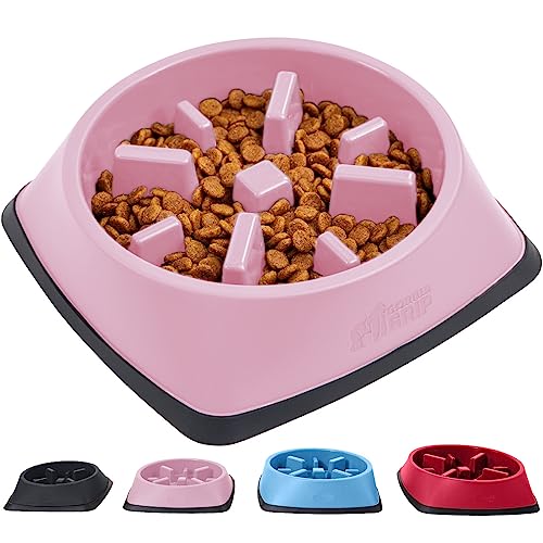 Gorilla Grip Slip Resistant Slow Feeder Cat and Dog Bowl, Slows Down Pets Eating, Prevent Overeating, Feed Small, Large Pets, Fun Puzzle Design, Dogs Cats Bowls for Dry and Wet Food, 2 Cups, Pink