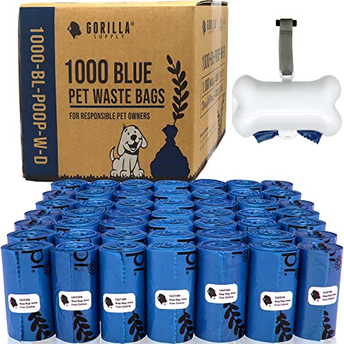 GORILLA SUPPLY Dog Poop Waste Bags with Dispenser and Leash Tie, 9" x 13", Blue, 1000 Count