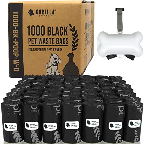 GORILLA SUPPLY Dog Poop Waste Bags with Dispenser and Leash Tie, 9" x 13", Black, 1000 Count