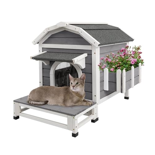 Gowoodhut Cat Houses Outdoor Wooden Catio Cat Shelter with Escape Doors Cat Condos with Weatherproof Roof, Removable Floors,Large Balcony