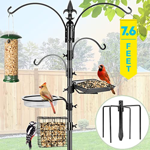 Gray Bunny Bird Feeder Stand for Outside, 4-Hooks, 91" Multi Bird Feeder Pole with Bird Bath, Mesh Tray & Suet Cage for Wild Birds, Plant Hanger, 5-Prong Base