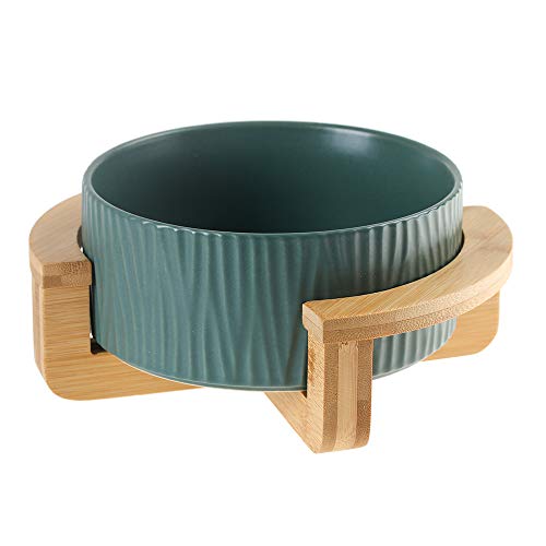 Green 6 inch Ceramic Cat Bowl with Wood Stand No Spill Pet Food Water Feeder Cats Small Dogs