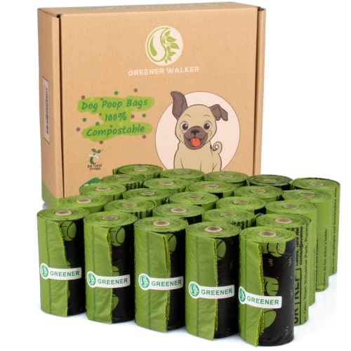 GREENER WALKER 100% Compostable Poop Bags for Dog Waste, 20% Extra Thick and Durable 375 Poop Bags for Doggie with EN13432 and ASTM D6400 Certified (Green)