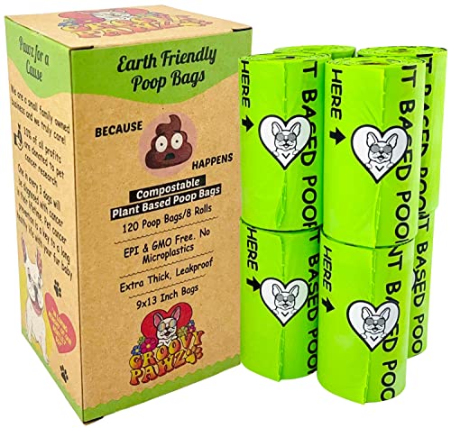 GROOVY PAWZ Certified Compostable Dog Poop Bags, 10% to Charity, Plant Based Dog Poop Bags 120 Count, Eco Friendly and Earth Friendly Dog Waste Bags, Extra Strong, Leakproof, No Odor, Pet Supplies