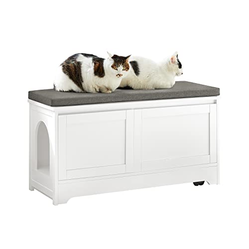 Haotian FSR136-W, White Storage Bench with Cat House and 3 Concealed Elevated Pet Feeders, Cat Litter Box Enclosure