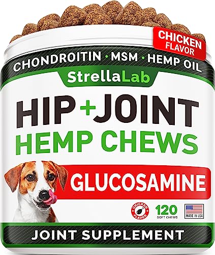 Hemp Treats - Glucosamine Dog Joint Supplement + Omega 3 - w/Hemp Oil - Chondroitin, MSM - Advanced Mobility Chews - Joint Pain Relief - Hip & Joint Care - Chicken Flavor - 120 Ct - Made in USA