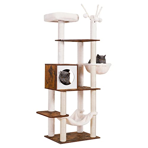 Hey-brother Cat Tree for Indoor Cats, 66.1" Tall Wooden Cat House for Large Cats, Modern Cat Tower with Scratching Posts, Hammocks, Toys, Condo, Rustic Brown MPJ120SR