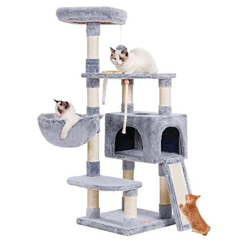 Heybly Cat Tree 50 inches Cat Tower for Indoor Cats Multi-Level Cat Furniture Condo with Feeding Bowl and Scratching Board Pewter HCT010PE