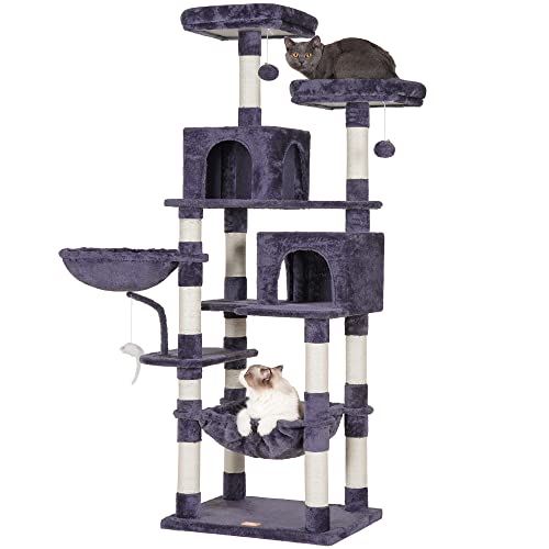 Heybly Cat Tree, 70 inches Tall Cat Tower condo with Toy for Indoor Large Cats, Cat House Furniture with Padded Plush Perch, Cozy Hammock and Sisal Scratching Posts,Smoky Gray HCT032G