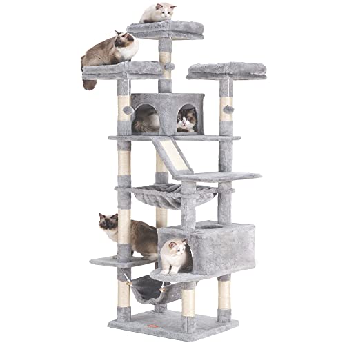 Heybly Cat Tree, 73 inches Tall Cat Tower for Large Cats 20 lbs Heavy Duty for Indoor Cats,Big Cat Furniture Condo for with Padded Plush Perch, Cozy Basket and Scratching Posts Light Gray HCT030W