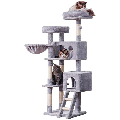 Heybly Cat Tree, Cat Tower for Indoor Cats,Multi-Level Cat Furniture Condo for Large Cats with 2 Padded Plush Perch, Cozy Basket and Scratching Posts HCT023W