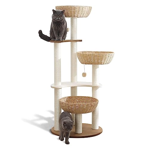 Hiyong Modern Cat Tree Tower for Large Cats, 3 Nests Manual Hand Woven Multilevel Huge Paws Pals Tree, Wood Tower, Scratching Condo, Lover Gift, Real Branch Luxury Condo