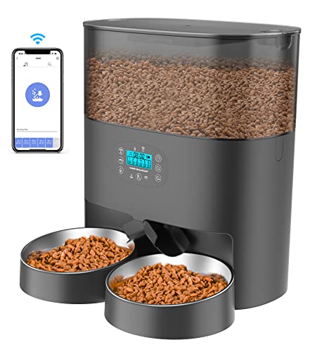 HoneyGuaridan 6L Automatic Cat Feeder for 2 Cats, 2.4G WiFi Enabled Smart Feed Automatic Pet Feeder for Cats & Dogs, Timed Pet Food Dispenser with Stainless Steel Bowl APP Control, 10s Voice Black