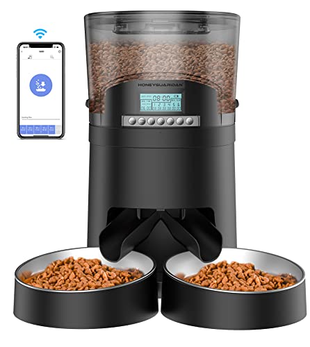 HoneyGuaridan Automatic Cat Feeder for 2 Cats 4.5L,Wi-Fi Smart Pet Feeder,Timer Cat Food Dispenser for Cats & Dogs, APP Control,Desiccant, Voice Recorder,Stainless Steel Bowl 1-6 Meals a Day (Black)