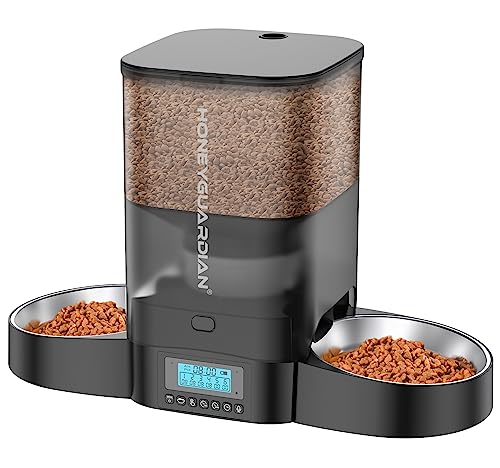 HoneyGuaridan Automatic Cat Feeder for Two Cats,3.5L Cat Food Dispenser with Stainless Steel Bowl,Timed Cat Feeder Programmable 1-6 Meals Control, Dual Power Supply,Desiccant Bag,10s Meal Call(Black)