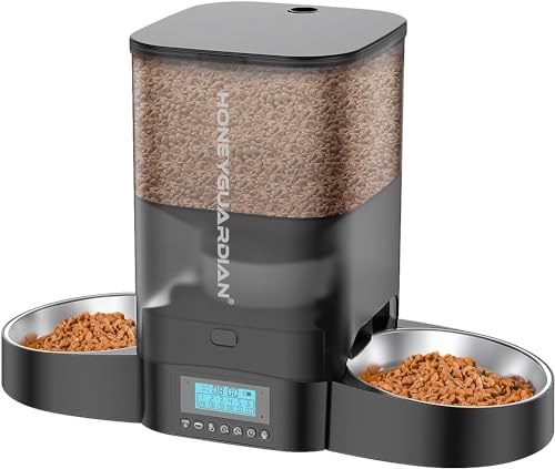 HoneyGuaridan Automatic Cat Feeder for Two Cats,3.5L Cat Food Dispenser with Stainless Steel Bowl,Timed Cat Feeder Programmable 1-6 Meals Control, Dual Power Supply,Desiccant Bag,10s Meal Call(Black)