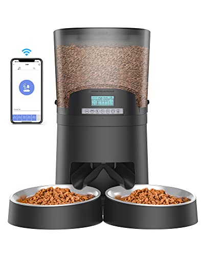 HoneyGuaridan Automatic Cat Feeders 2 Cats 6.5L,2.4GWi-Fi Smart Pet Feeder with APP Control for Cats and Dogs Dry Food Dispenser with 2 Stainless Steel Bowl, 1-6 Meals Per Day，10s Voice Recorder Black