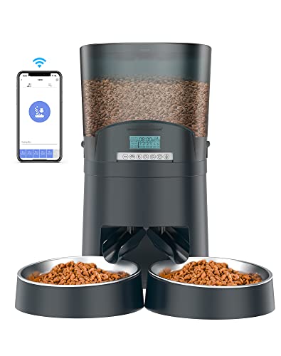 HoneyGuaridan Automatic Cat Feeders 2 Cats 6.5L,2.4GWi-Fi Smart Pet Feeder with APP Control for Cats and Dogs Dry Food Dispenser with 2 Stainless Steel Bowl, 1-6 Meals Per Day，10s Voice Recorder