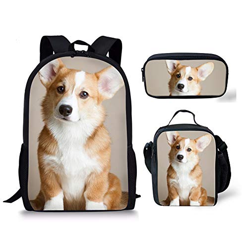 HUGS IDEA 3 Pcs/Set Children School Backpack Bookbag Bagpack with Picnic Camping Food Container Pencil Case, Kawaii Puppy Corgi Dog