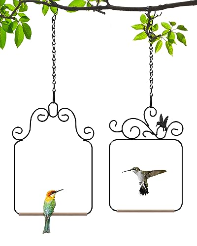Hummingbird Swings and Perches Metal Frame 2 Pack, Wild Bird Swing Outdoor Bird Perch with Wooden Dowel and 2 Hanging Chain for Hanging Indoor, Outdoor, Trunk, Lawn, Patio, Garden (Black)