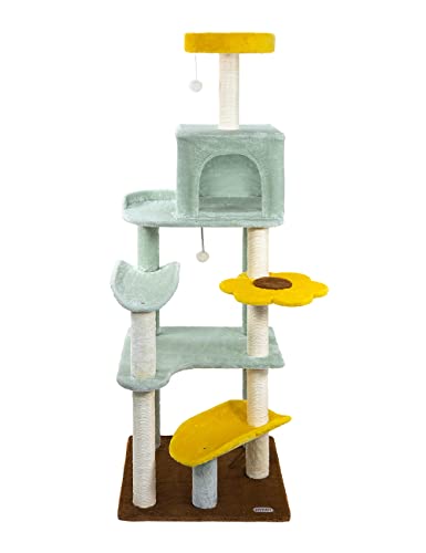 HYABi 65.5 inch Sunflower Cat Tree Tower Condo Furniture Apartment Plush Habitat Kitten Amusement Platform with Scratch Posts Toy Ball Pet House Play(Large 65.5" H)