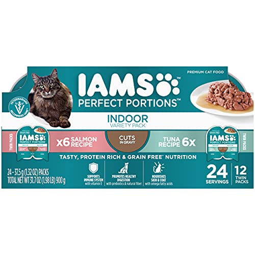 IAMS PERFECT PORTIONS Indoor Adult Grain Free* Wet Cat Food Cuts in Gravy Variety Pack, Tuna Recipe and Salmon Recipe, . Easy Peel Twin-Pack Trays,2.6 oz,Pack of 12