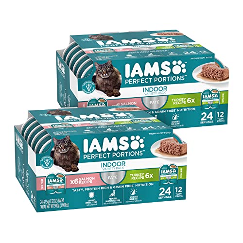 IAMS PERFECT PORTIONS Indoor Adult Grain Free* Wet Cat Food Pate Variety Pack, Salmon Recipe and Turkey Recipe, 2.6 oz. Easy Peel Twin-Pack Trays 24 Count, (Pack of 2)