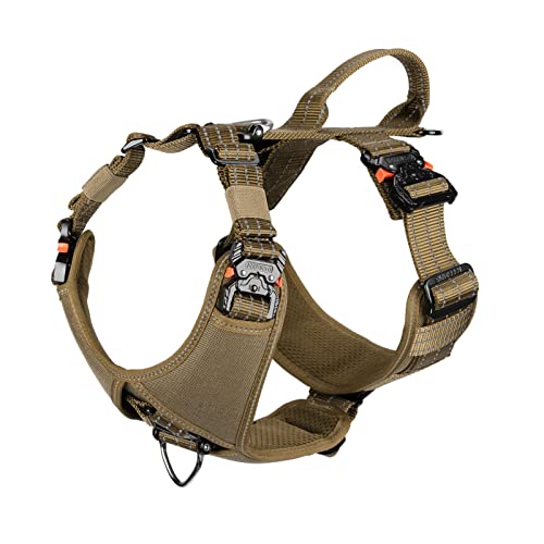 ICEFANG Tactical Dog Strap Harness,Large Dog Vest with Handle,5 Point Adjustment,Y-Shape Chest,No-Pull Leash Clip for Walking Training (L (Neck:18"-24";Chest:28"-35") Metal-Buckle,Brown)