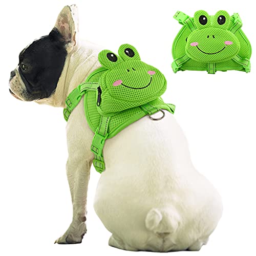 IDOMIK Dog Backpack No-Pull Pet Harness Vest with Saddle Bag Backpack, Cute Frog Shape Self Carrier Backpack Travel Camping Hiking, Adjustable Puppy Mesh Bag Vest with D-Ring for Small Medium Dogs