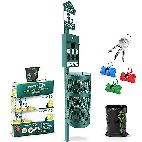 IMPACTHOR Dog Waste Station Outdoor Pet Waste Station- Desing With 4 Wholes And 800 Dog Poop Bags, 50 Waste Can Liners, 3 Poop Bag Holders & 2 Set Of Keys, For Commercial Use, Parks, Condos & HOA