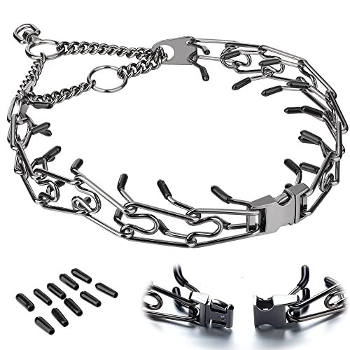 Insfas Pinch Prong Collar for Dogs, Adjustable Dog Training Choke Spike No Pull Martingale Collars with Quick Release Buckle for Small Medium Large Dogs Stainless Steel (12"~28" Black 3.0mm)