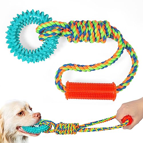 Interactive Dog Toys with Rope and Handle, Dog Chew Toys for Aggressive Chewers, Tug of War Rope Toy Non-Toxic Natural Rubber Long Lasting Dog Toys for Small Medium and Large Dogs