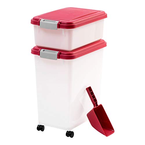 IRIS USA 3-Piece 35 Lbs / 45 Qt WeatherPro Airtight Pet Food Storage Container Combo with Scoop and Treat Box for Dog Cat and Bird Food, Stackable, Keep Fresh, Translucent Body, BPA Free, Red/Pearl