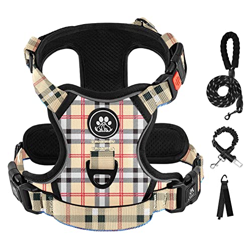 IVY&LANE No Pull Dog Harness with Leash Set, Reflective No Choke Pet Vest,Adjustable Oxford Dog Vest Harness with Easy Control Handle for Large Dogs (Checkered Beige,XL)