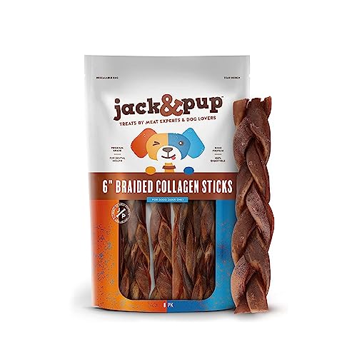 Jack&Pup 6" Braided Beef Collagen Sticks for Dogs - Rawhide Free Dog Chews Long Lasting Collagen Chews for Dogs - Bully Sticks Alternative (8 Pack)