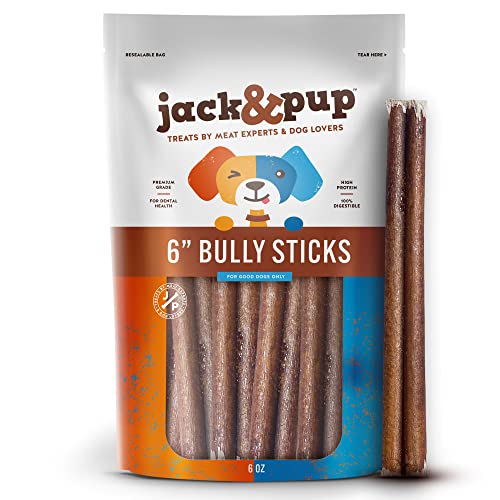 Jack&Pup 6" Bully Sticks Dog Chews | Odor Free Bully Sticks | Single Ingredient, All Natural Pizzle Sticks for Dogs (6oz, 10/12 Sticks)