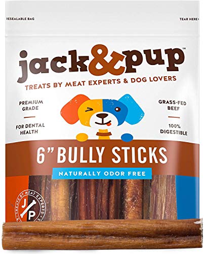 Jack&Pup 6 Inch Bully Sticks for Medium Dogs, Dog Bully Sticks for Small Dogs-6" Bully Sticks for Puppies Natural Bully Sticks Odor Free Premium Long Lasting Dog Chews, Beef Bully Stick (25 Pack)