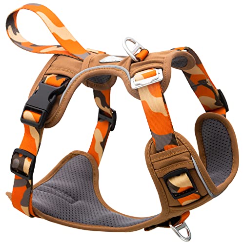 JC HOUSE Dog Harness, No Pull 3M Reflective Lightweight Vest Air Soft Mesh for Large Medium Small Dogs Adjustable Tactical Harness with Easy Control Handle for Walking Training Running, Camo Orange M