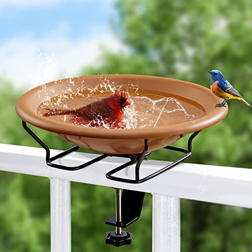 Jealoeur Bird Bath Deck Mounted 12 Inches Bird Bath 3.5 Inches Deck Adjustable Steel Clamp,Bird Bath Bowl Spa with Sturdy Steel Clam(Brown)