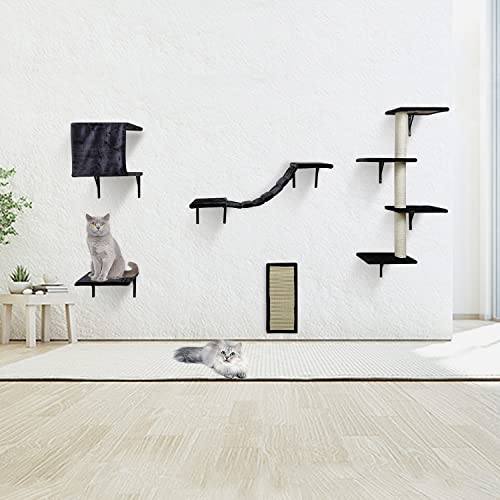 JIFULI 5 Pcs Wall-Mounted Cat Climber Set, Wood Indoor Cat Furniture with Cat Shelves and Perches, Ladder, Cat Condo House, Scratching Board and Cat Tree, Cat Wall Shelves Furniture, Gray