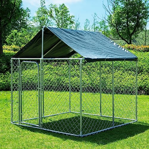 JOHUNT Large Outdoor Dog Kennel, Heavy Duty Mental Dog Cage Dog Fence with Waterproof & UV-Resistant Cover, Galvanized Chain Link Dog Kennel Pet House for Backyard, Farm, Garden (6.5' x 6.5' x 6.8')