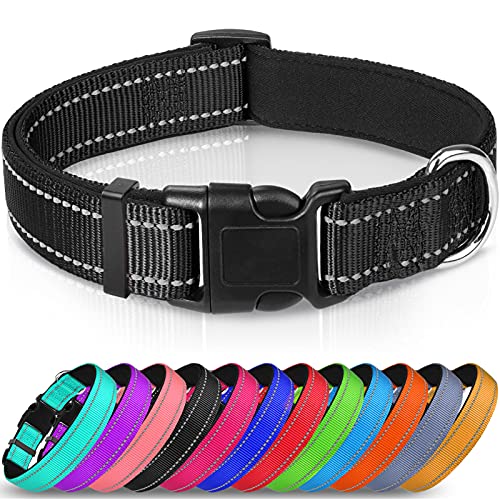 Joytale Reflective Dog Collar,Soft Neoprene Padded Breathable Nylon Pet Collar Adjustable for Large Dogs,Black,L