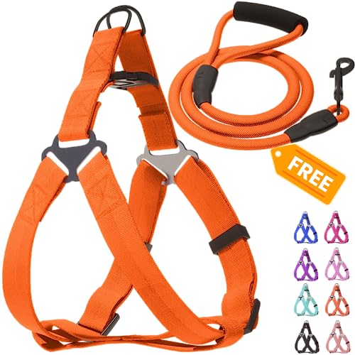 JUSTGIFT Step in No Pull Dog Harness, Free Upgrade Ultra Durable Dog Rope Leash Harness Nylon (2-in-1) Non-Slip Adjustable, Easy Control Handle, Strong Metal, Vest Harness for Puppy Dog - Orange S