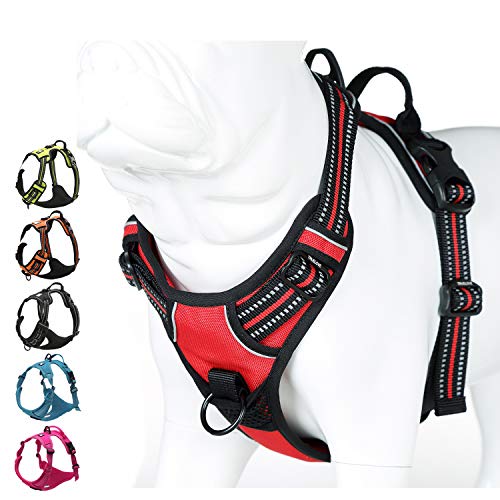 JUXZH Soft Front Dog Harness .Best Reflective No Pull Harness with Handle and 2 Leash Attachments Red