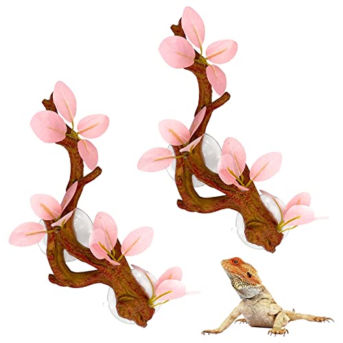 kathson 2 PCS Reptile Corner Branch, Lizard Climb Branches Decor Terrarium Plant Decoration with Suction Cup Reptile Tank Plant Ornament for Bearded Dragons Gecko Snake Spider Frog Climbing (Pink)