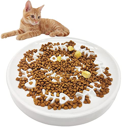 kathson Cat Slow Feeder Bowl, Ceramic Slow Bowl with Fish Design Maze Pet Bowls Fun Interactive Feeder Prevent Feeder Anti Gulping Healthy Diet Pet Bowls Against Bloat Indigestion Obesity