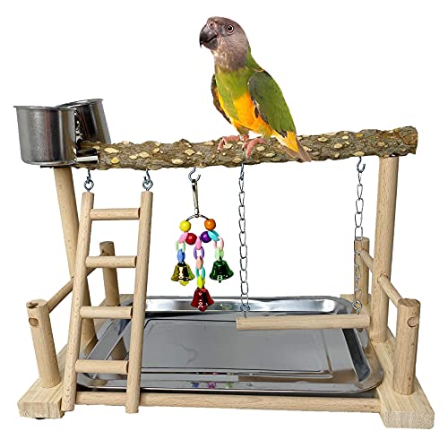 kathson Parrots Playground Bird Perch Wood Playstand Stand with Ladder Swing Feeder Cups Chew Toy for Parakeet Conure Cockatiel Budgie Lovebird Finch Small Birds